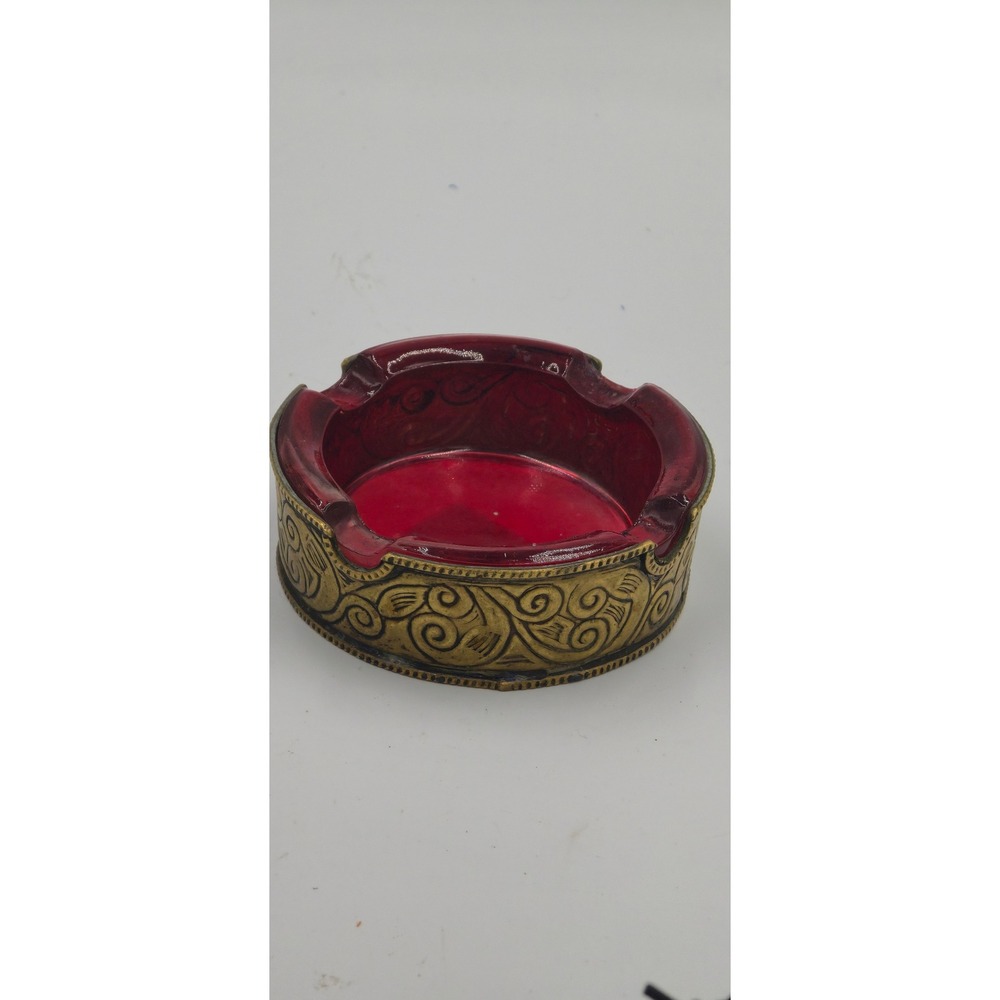 Vtg Mid Century Bohemian Ruby Red Glass Ashtray Gold Ornate Filigree Rim